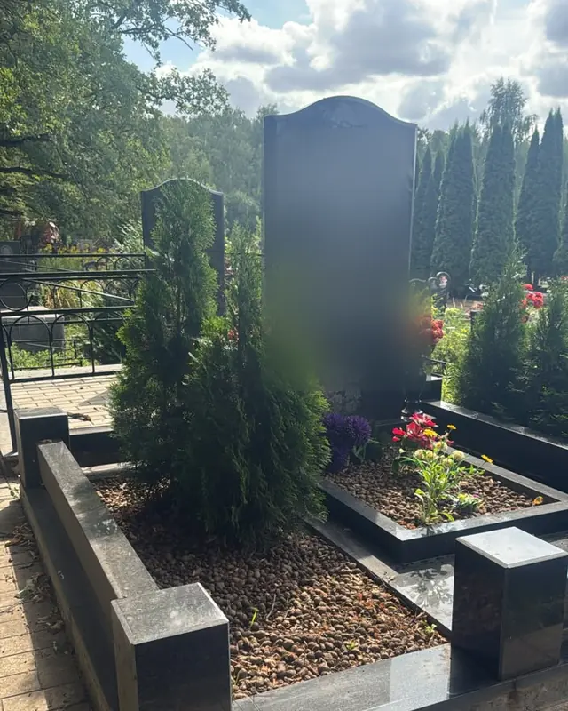 Цоколь с отсыпкой крошкой и посадкой туй по периметру участка